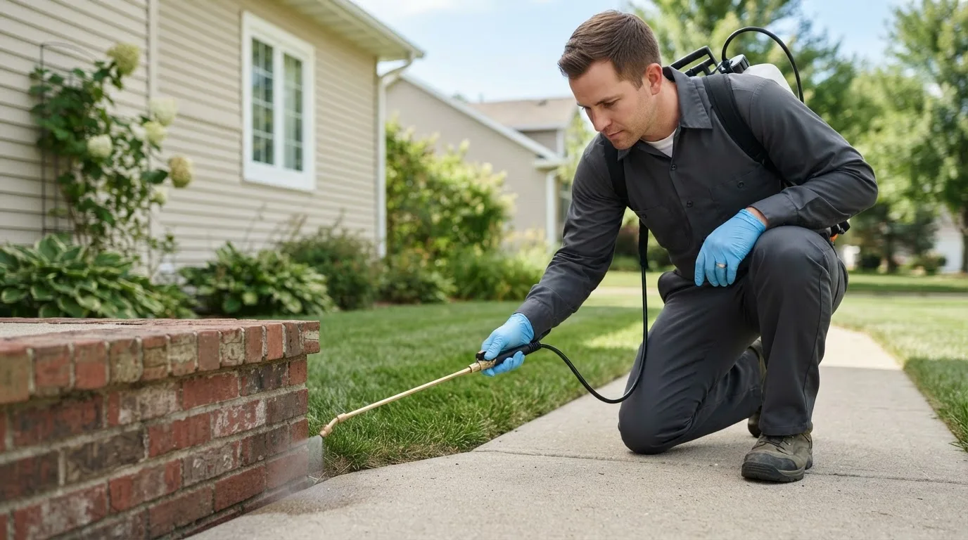 Pest control technician treating a home near Concordia, KS