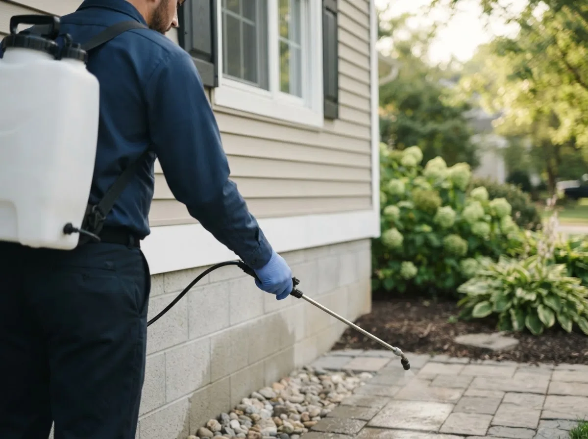 Pest control technician inspecting a home in Concordia, KS